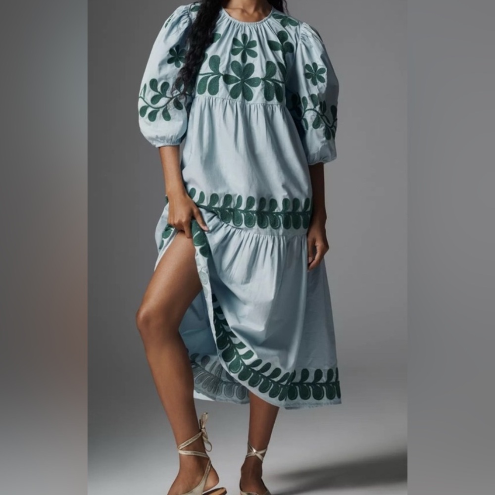 Anthropologie Embroidered Puff-Sleeve Midi Dress Green Blue